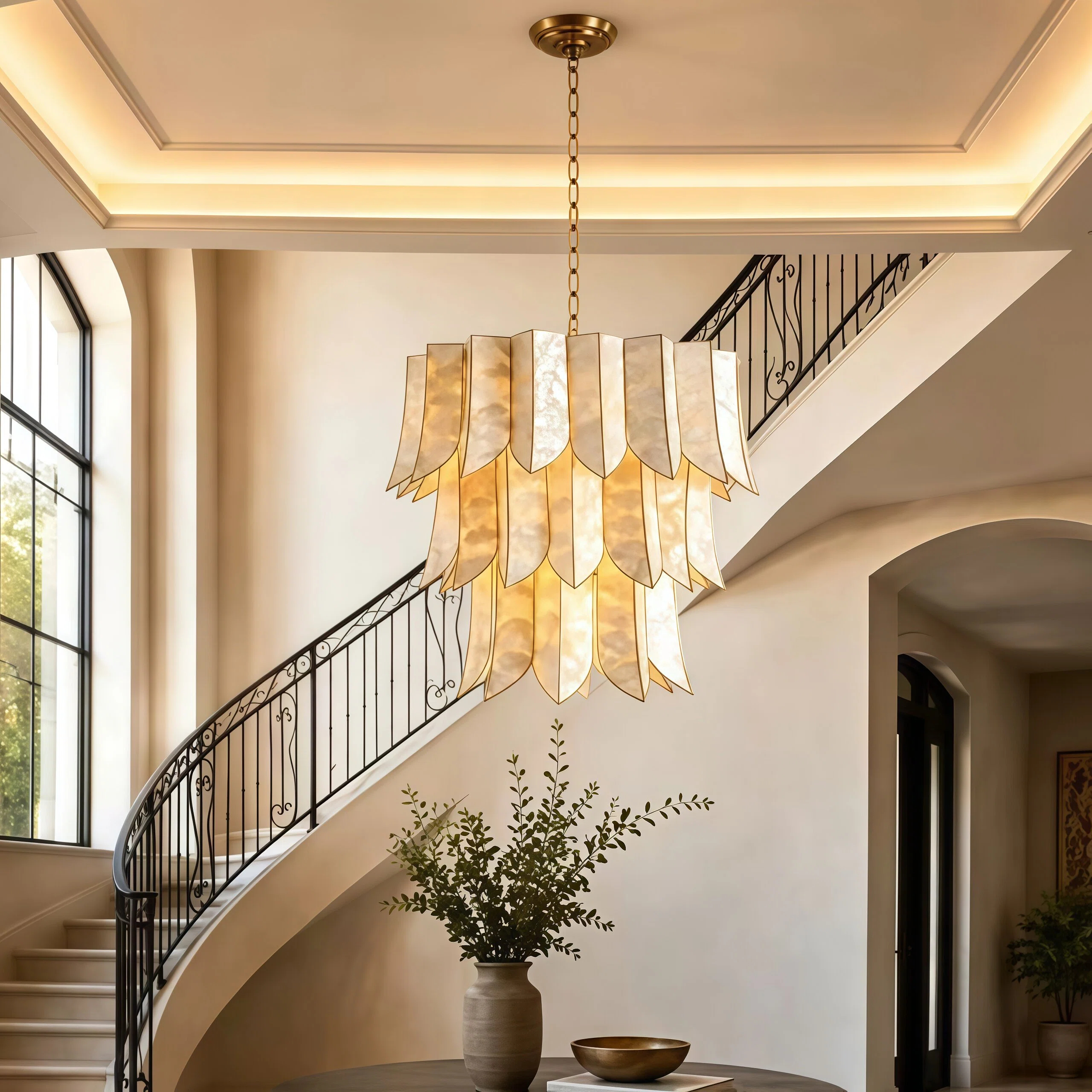 JYLIGHTING Multi-layer Petal Iron Electroplating & Natural Shell Chandelier, Vintage Tiered Shell Pendant Lamp for Villa Stairwell, Entrance Hall & High Ceiling Living Room