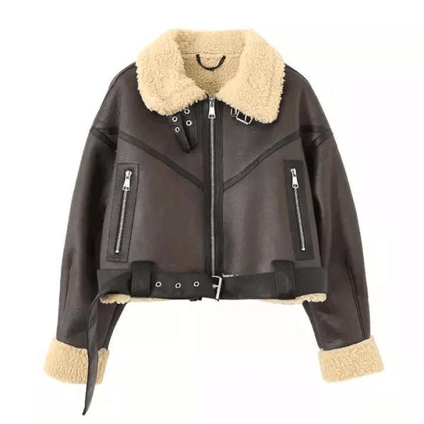                  Custom Cropped Leather Jacket Vintage Women′s Motor Jackets Brand Quality Sherpa Warm Bomber Coat for Women Winter             