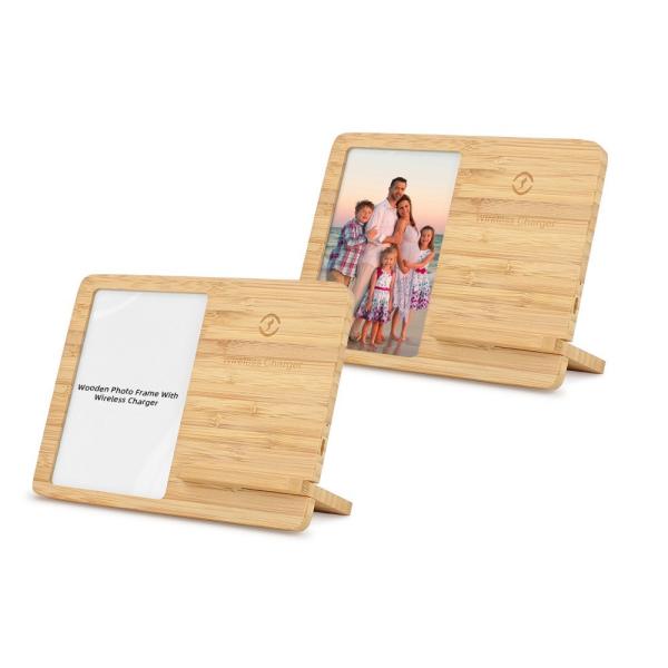 Cadre de photo de bureau en bambou en blanc sur mesure avec chargeur sans fil pour l'impression de photos par sublimation