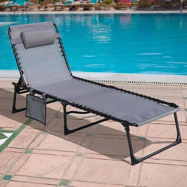 Folding Outdoor Chaise Lounge Chair, 5-Position Adjustable Beach, Sunbathing, Patio, Pool, Lawn, Lay Flat Portable