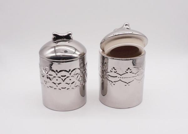 Electroplated Silver Plating Ceramic Pet Treat Jar , Airtight Food Canisters Round Shape