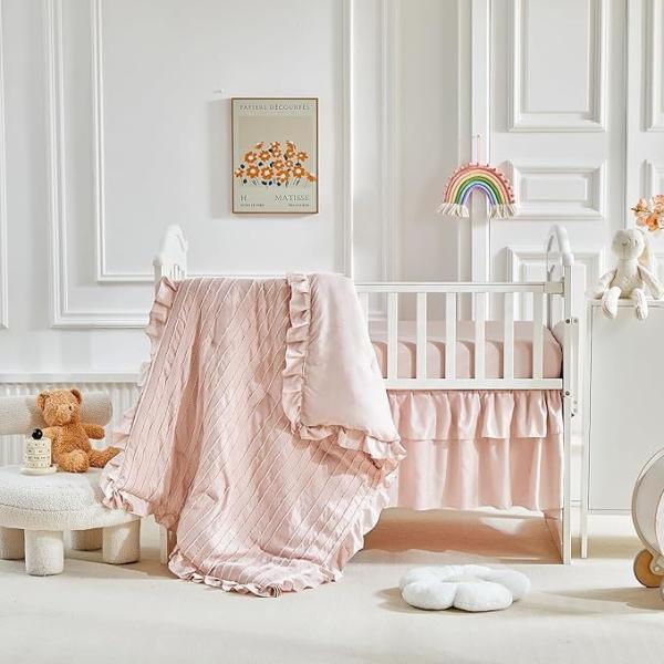 Pink Microfiber Crib Bedding Set - 3 Piece Shabby Chic Baby Set