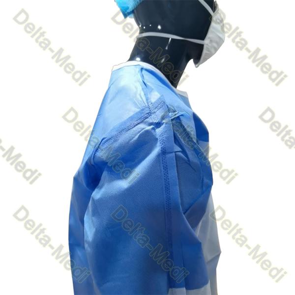 PP SMS Velcro Neck Knitted Cuff Disposable Surgical Gown Reinforced At Half Sleeves