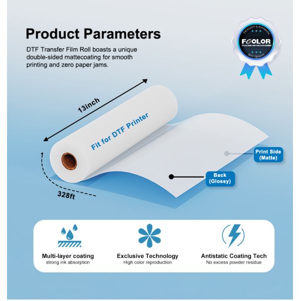 FCOLOR Manufacturer Wholesale Fast Dry Dtf Film Print Dtf Heat Transfer Stickers Film Premium DTF Film for I3200 XP600 Printer
