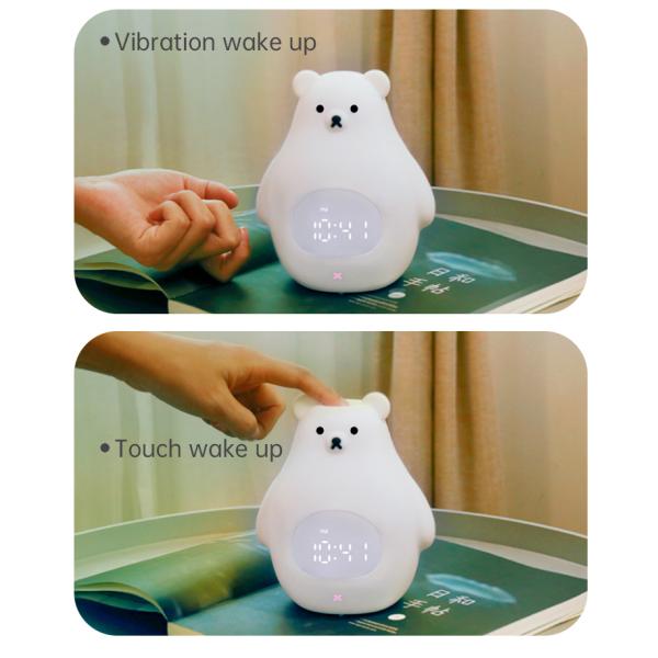 Luz e som de noite LED máquina Urso bonito relógio de treinamento de sono para quartos de crianças