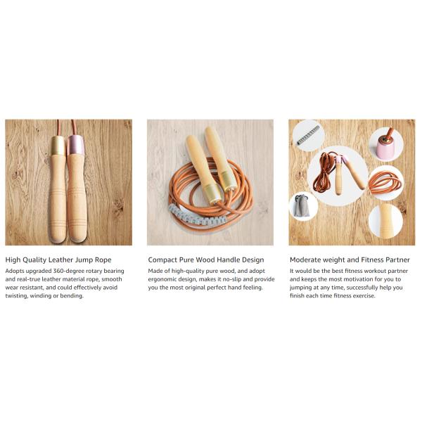 Wholesale Pure Wood Handles Leather Adjustable Skipping Jump Rope With 360-Degree Bearing