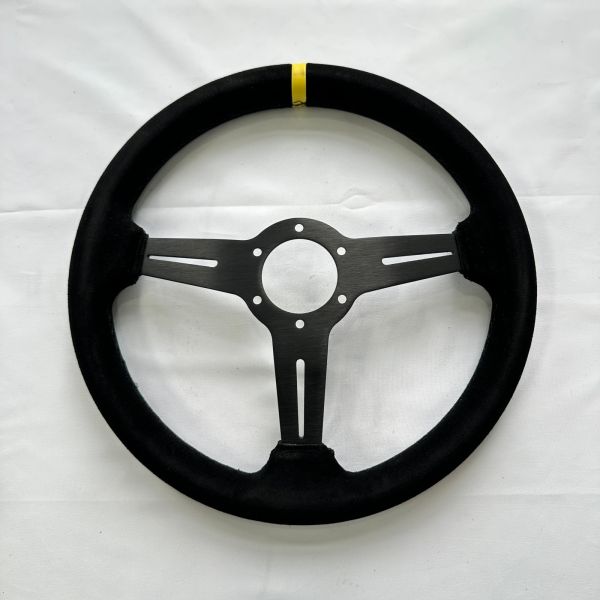 DELUXON 350mm Diameter Racing Steering Wheel With 35mm Dish , Black Suede , 5 MM 6061 Aluminum Alloy Black Spoke