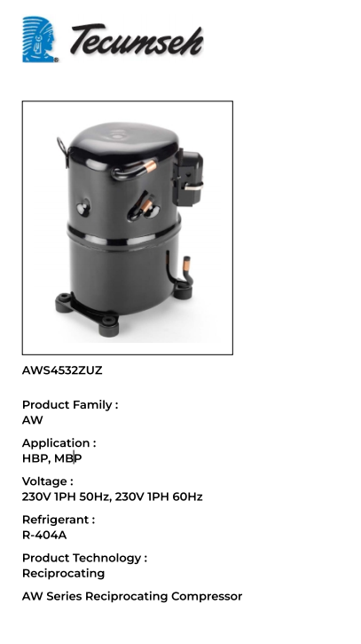 R404a AWS4532ZUZ Hermetic Piston Refrigeration Compressor 230V 1PH 50Hz or 60Hz