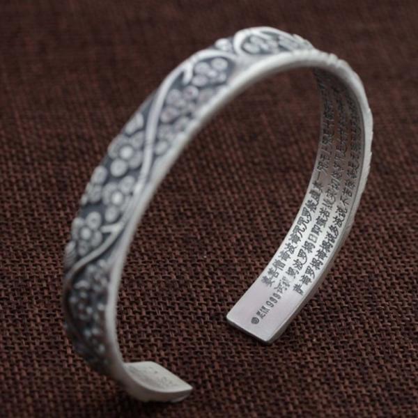 Women Sterling Silver Engraved Flowers Buddhist Sutras Retro Cuff Bracelet Bangle (SZ0161)