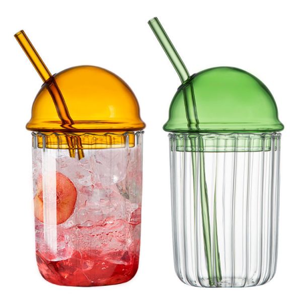 Customized Drinking Glass Coffee Ice Cup Bubble Tea Mug Glass Tumbler With Glass Dome Lid And Straw