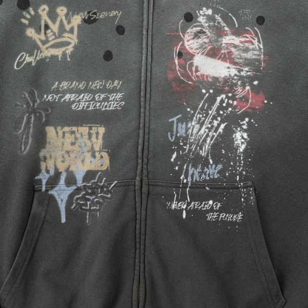 410G American Street Graffiti Print Full Zip Hoodie Oversized Zip Jacket | OEM ODM Custom Logo, Replaceable Fabric, Multiple Pantone Color Codes, Low MOQ