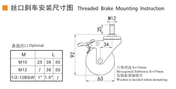 Threaded TPA 2.5 Inch Caster Wheels Light Duty Swivel / Brake Type