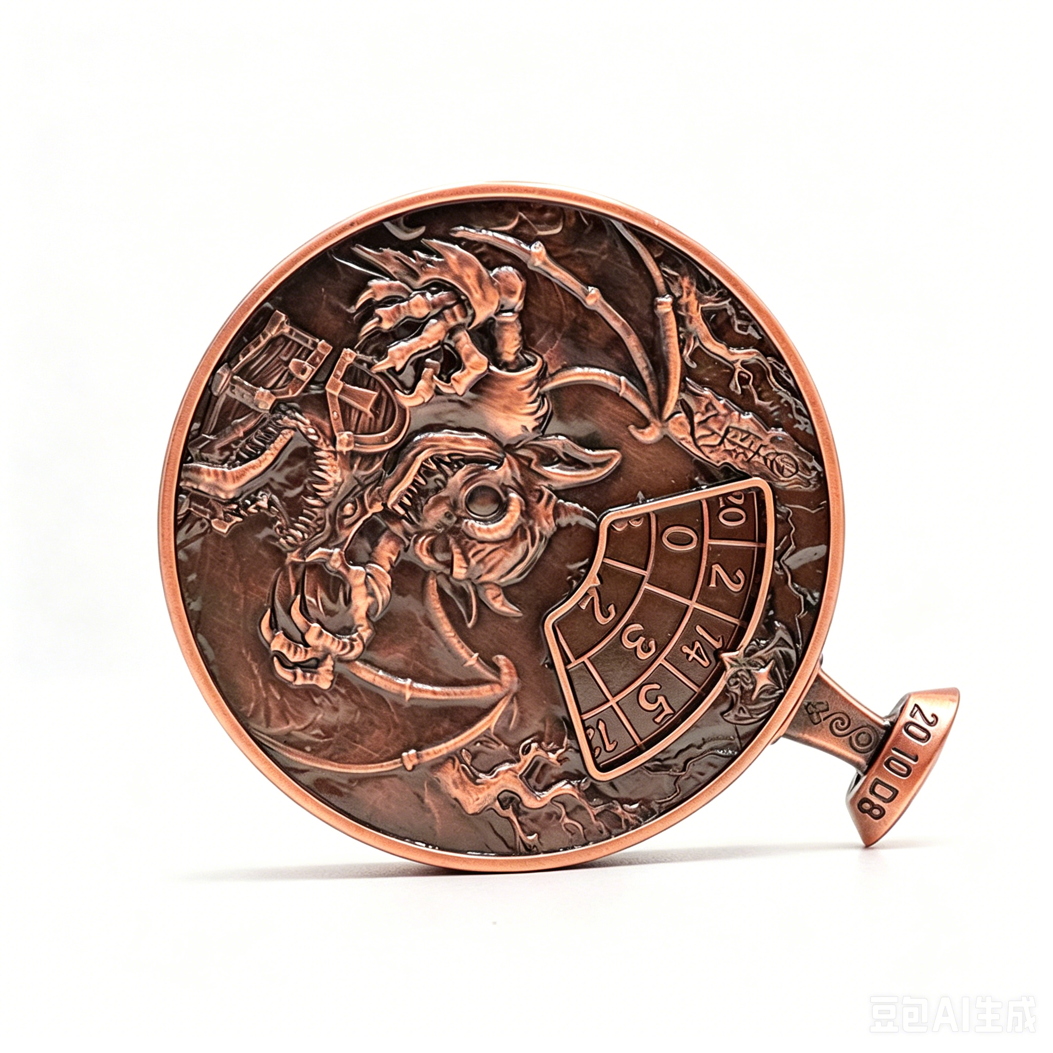 Premium Antique Copper Metal Dice Spinner with 7-in-1 Dual Sided Design and Press-to-Spin Mechanism for TRPG Gaming