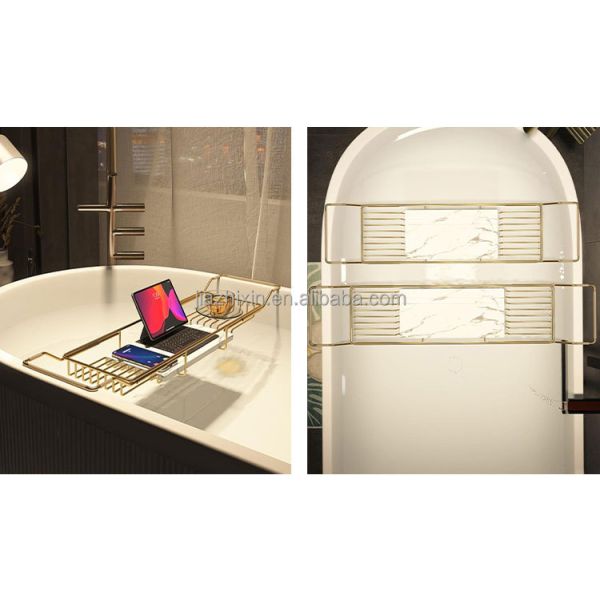 Bathroom Stainless Steel Scalable Bathtub Storage Rack Shower Gel Organizer Holder Non slip Marble Anti Slip Bathtub Caddy Tray
