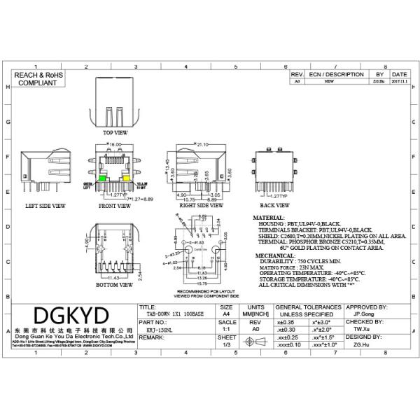 KRJ-138NL 10/100 RJ45 Ethernet Connector with transformer, EMI Magnetic Modular Jacks