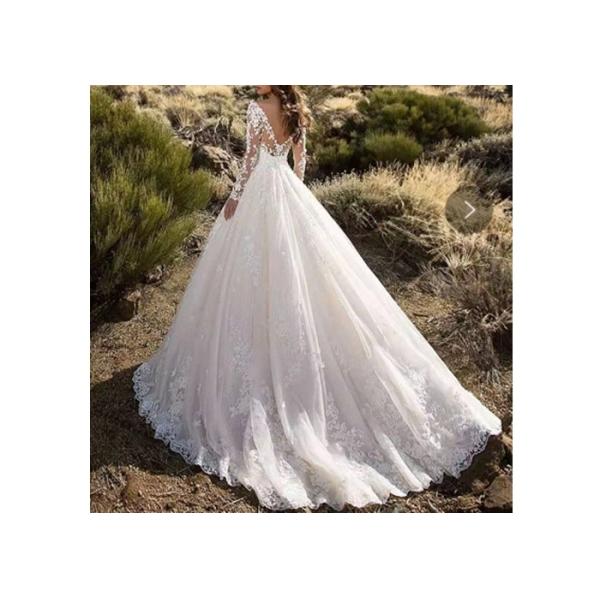 Long Sleeve Backless Flower Lace Ball Gown Wedding Dress With Long Tail Off White Color