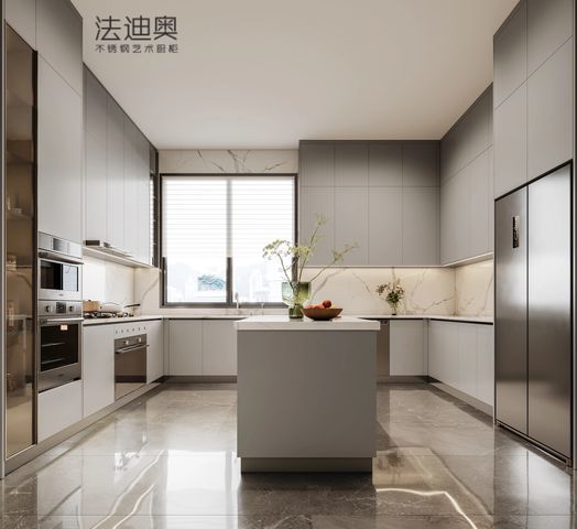 Gabinete de cocina de acero inoxidable moderno gris en forma de U con isla y electrodomésticos integrados