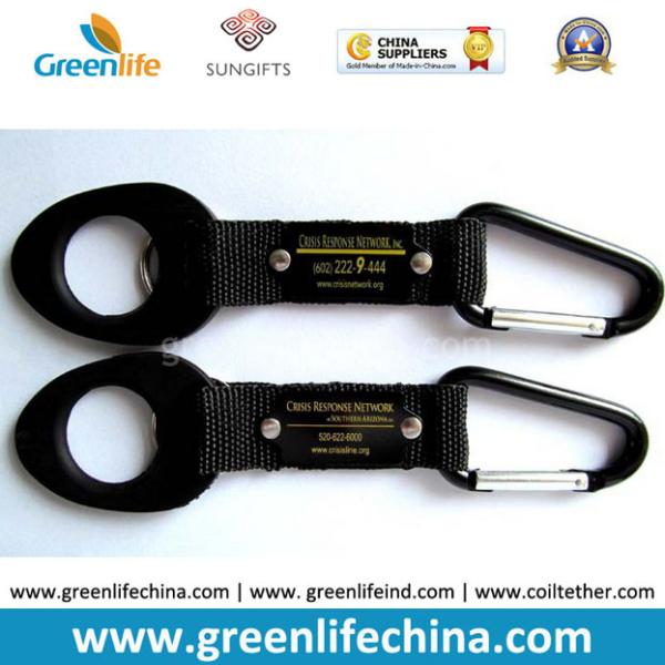 Water bottle rubber loop holder with short strap and aluminum carabiner hook silver pole