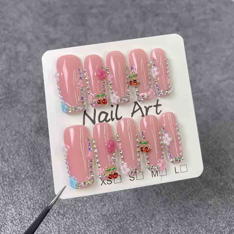 Handmade Press On Nails Wholesale 3D Cherry Floral Pink Rhinestone Edge