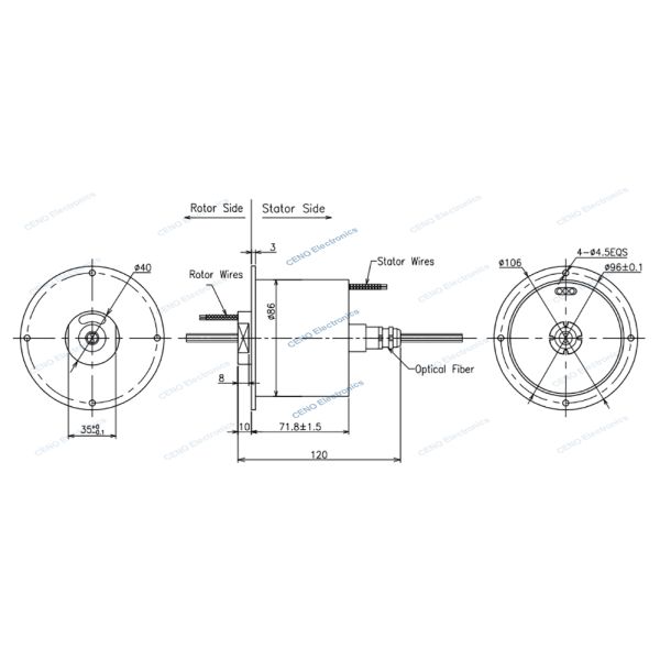Integrate power and forj slip ring with 2 channel fiber optic rotary joint