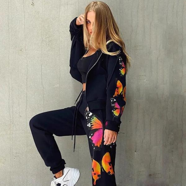                  Casual Print Long Sleeve Cardigan Hoodie Sweatpants Women 2 Piece Sweatsuit Tracksuit Set             