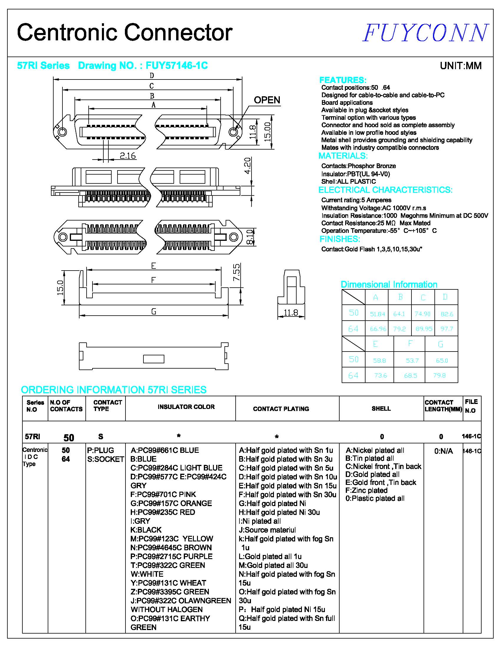 тип соединитель RJ21 IDC женский 32pairs 64Pin TYCO гофрируя с зажимом провода