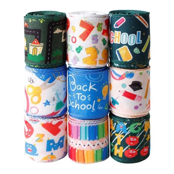 Jute/Polyester Wired Burlap Ribbon for School Season Blue Pot and Rainbow Print Design