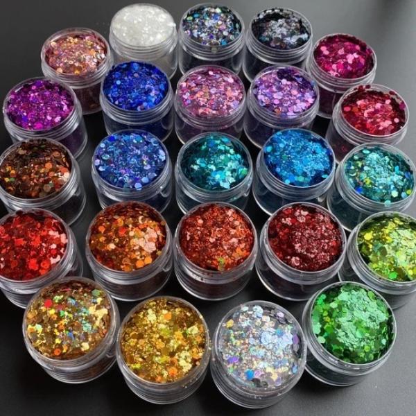 1 Color Holographic Chunky Glitter 2oz 3oz Bottle Packing Tumbler Glitter Mixing Chunky Glitter for Die Cutting Printing