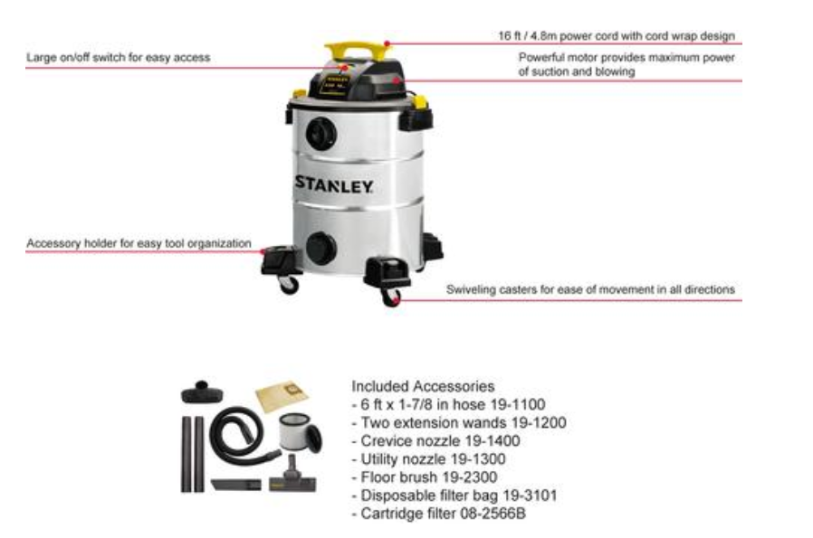 Stainless Steel Small Wet Dry Vacuum Cleaner Handheld 16 FT Power Cord