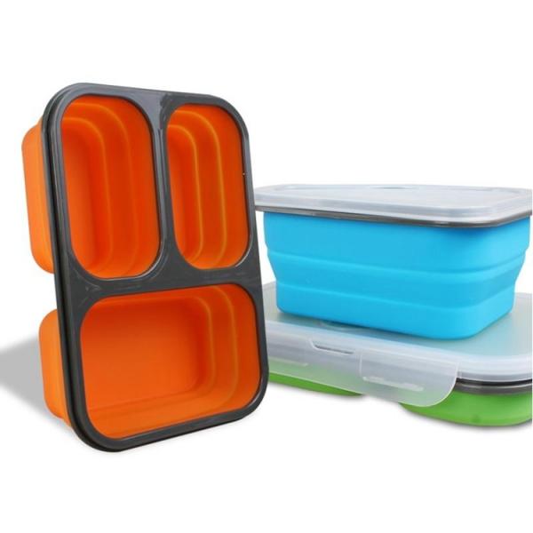 Easy to clean leakproof folding 3 compartments collapsible silicone lunch box for kids adult
