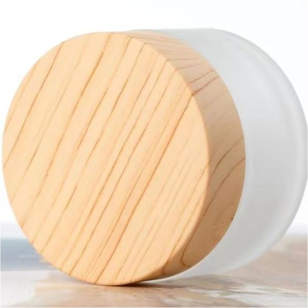 5g 10g 15g 30g 50g Empty Frosted Glass Cream Jars Refillable Cosmetic Natural Wood Leak-proof Travel Storage Containers for Eye Cream Face Mask Skincare