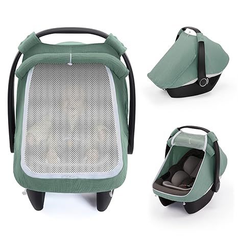 Funda para asiento de coche de bebé de muselina de algodón verde romano con ventana de malla
