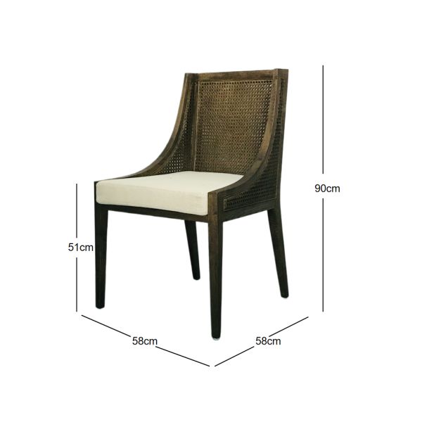 Natural Rattan Back Dining or Lounge Chair with Solid Wood Frame and Soft-Padded Linen Seat