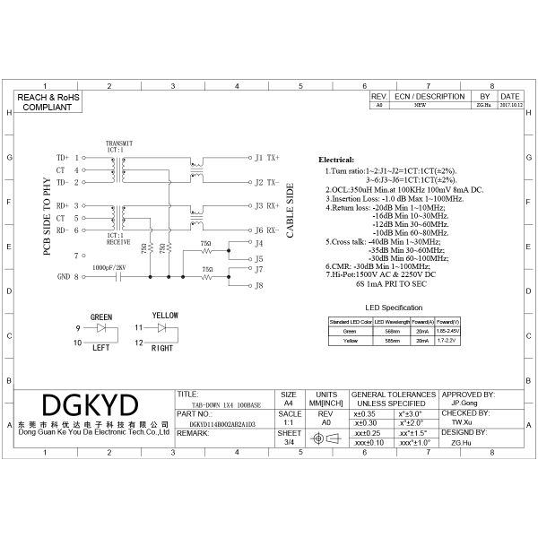 Four cell RJ45 network connector with 100Mbps integrated Ethernet filter DGKYD114B002AB2A1D3
