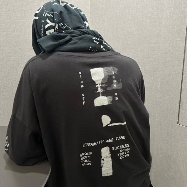 Wash Black Men's Women's Oversized Knitted Vintage Printed T-shirt 100% Cotton Long Sleeve Breathable Digital Print Retro Couple