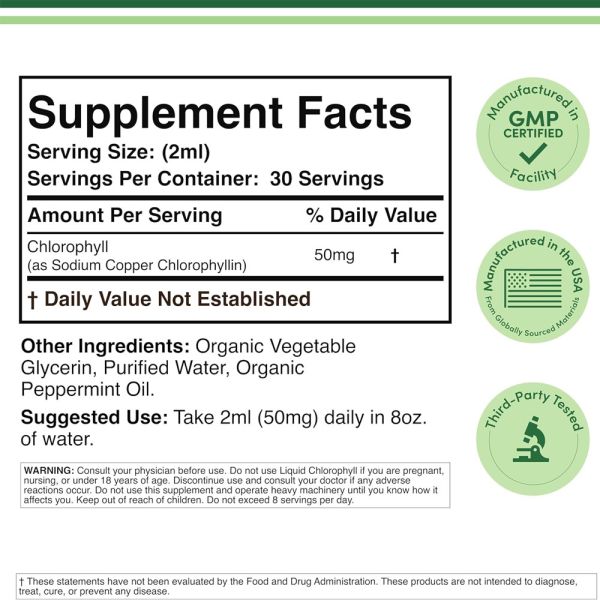 Natural Detox and Energy Support Liquid Chlorophyll Drops with 50mg Sodium Copper Chlorophyllin Nutritional Supplement