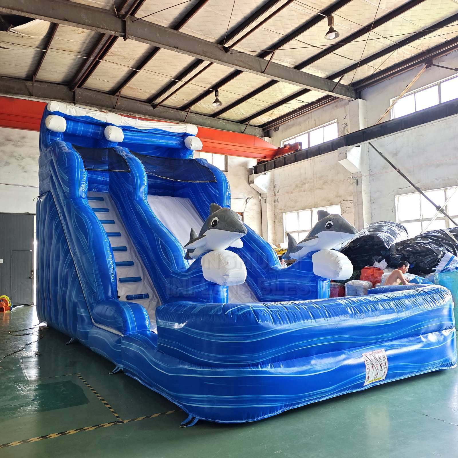 Commercial Blue Whale Inflatable Water Slide with Dual Lanes Splash Pool and Safety Walls for Water Parks Resorts and Rentals