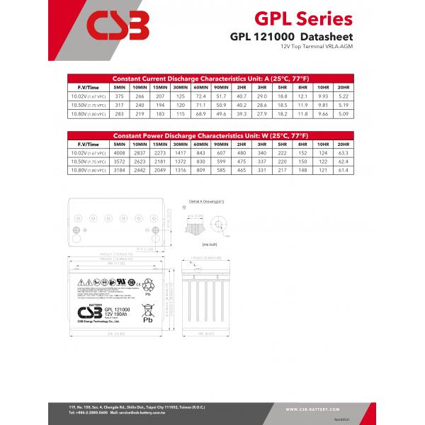 Batería CSB GPL121000 12V 100Ah recargable sin mantenimiento Baterías selladas de plomo-ácido, paneles de alimentación de CC, baterías VRLA 100Ah