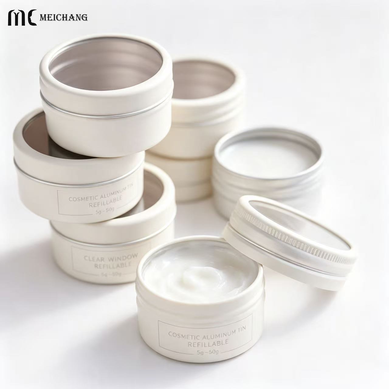 15ml–150ml Round Aluminum Screw Top Tin Jar with Clear PVC Window Lid (MC-809）