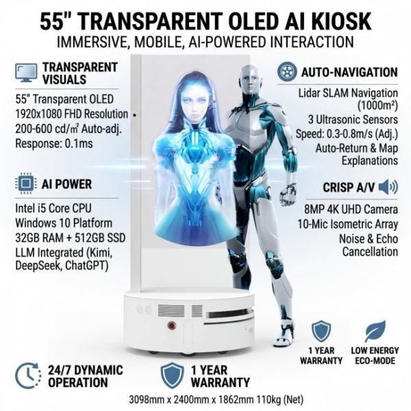 55 Inch OLED Mobile AI Digital Human Ig transparent oled displays Interactive Display for Museum and Hotel