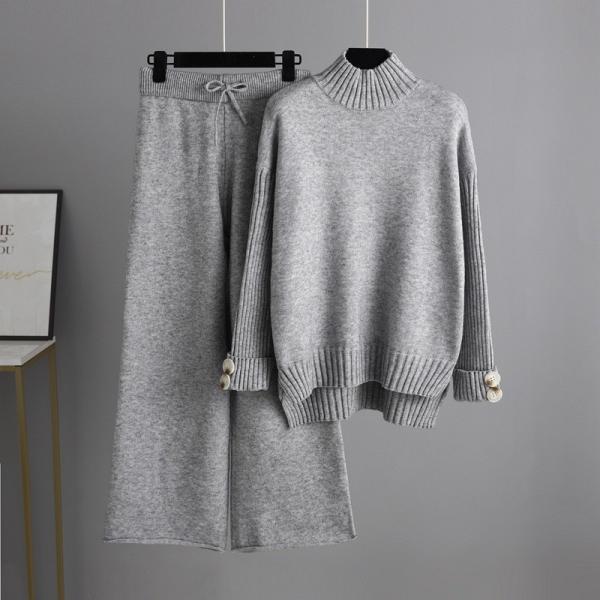 Women s Pullover with Pullover Closure and Hand Wash Care Instructions High necked knitted sweater and pants set