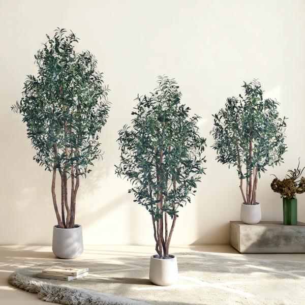 High-End 6FT Faux Olive Tree Indoor Multi Trunk Black Artificial Tree Olive With Natural Wood Trunk For Home Office Mall Decor
