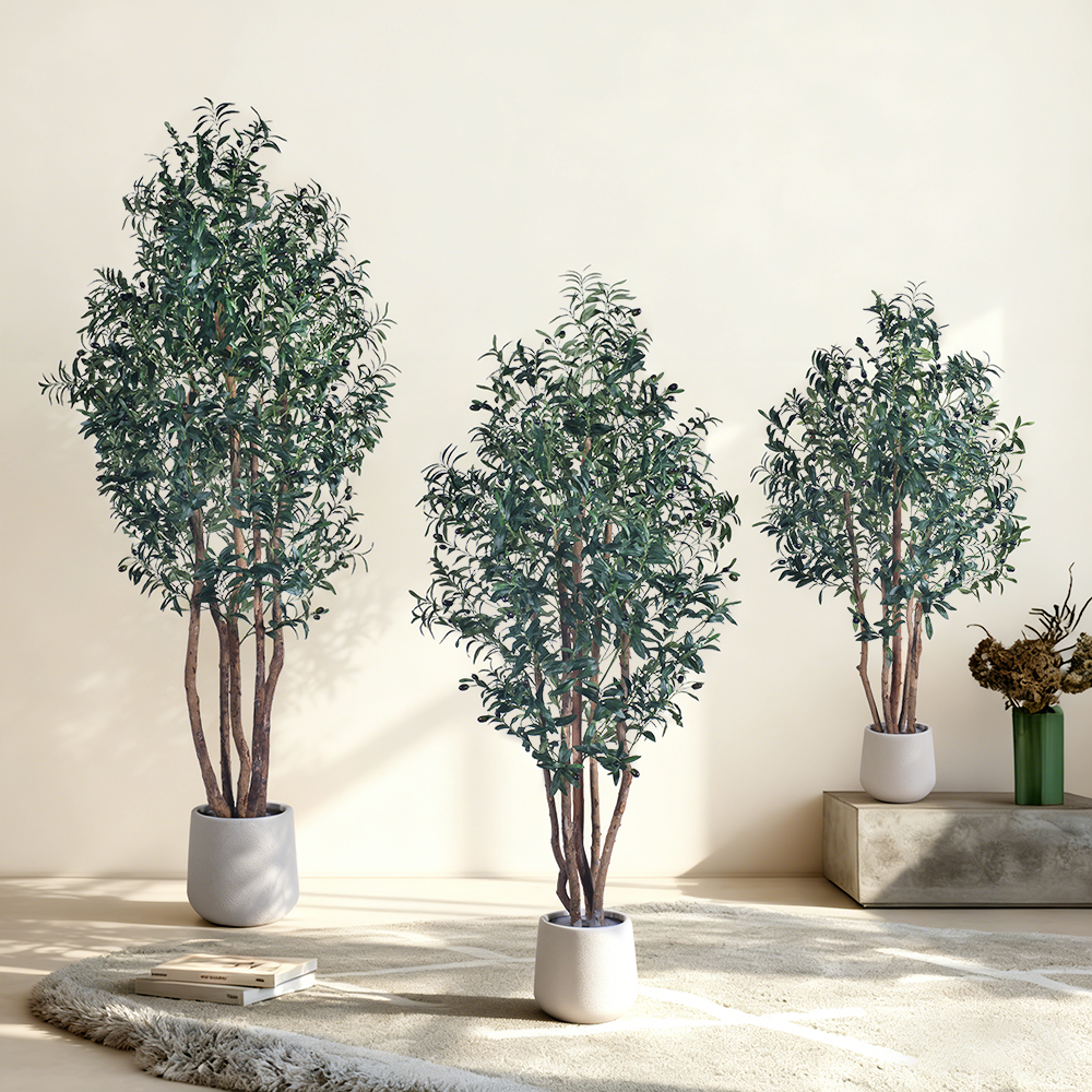 High-End 6FT Faux Olive Tree Indoor Multi Trunk Black Artificial Tree Olive With Natural Wood Trunk For Home Office Mall Decor