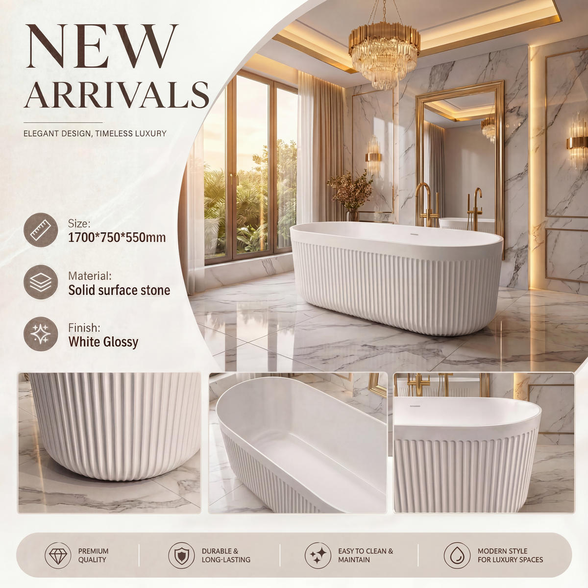 Antibacteria Bathroom Free Standing Bath Tub Solid Surface Matt White Deck Mount