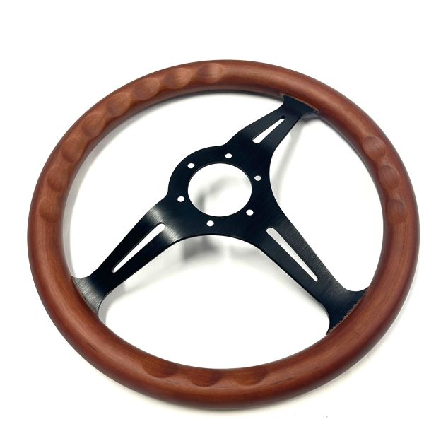 14 Inch  Classic Wood Mahogany Steering Wheel Matte Black Brushed Aluminum Spokes