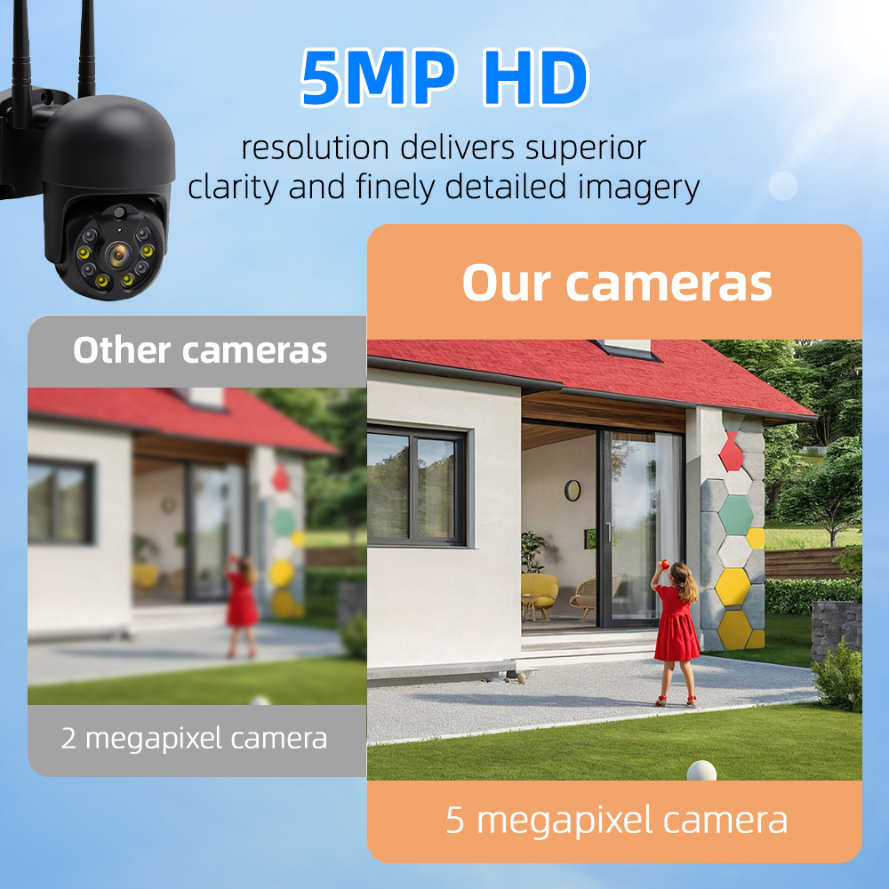 5MP Outdoor WiFi PTZ Security Camera,Human Motion Auto‑Tracking,Full‑Color Night Vision,Two‑Way Talk,IP65 Waterproof Wireless Dome IP Camera