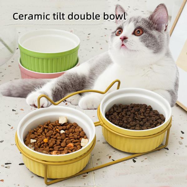 Pet Ceramic Double Bowl Cute Anti Overturning Basin