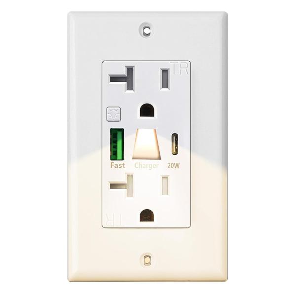 20A 125V USB type C Sortie murale Nuit de lumière