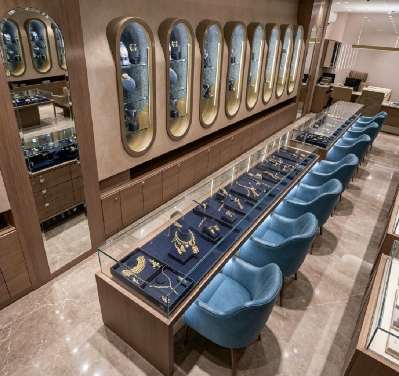Luxury Walnut Wood & Navy Blue Jewelry Store Interior Design, Complete Turnkey Fixture Package with Arched Wall Showcase