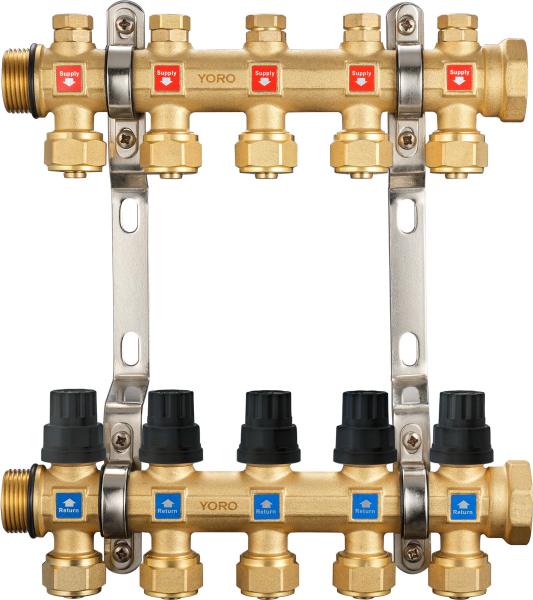 6211 Hot Forged Brass Water Distribution Manifolds 50mm Branch Spacing with Concealed Supply Flowrate Tuners + Seal Caps
